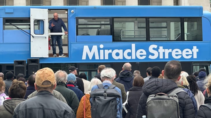 Open-air preaching from the Miracle Street bus in Winchester