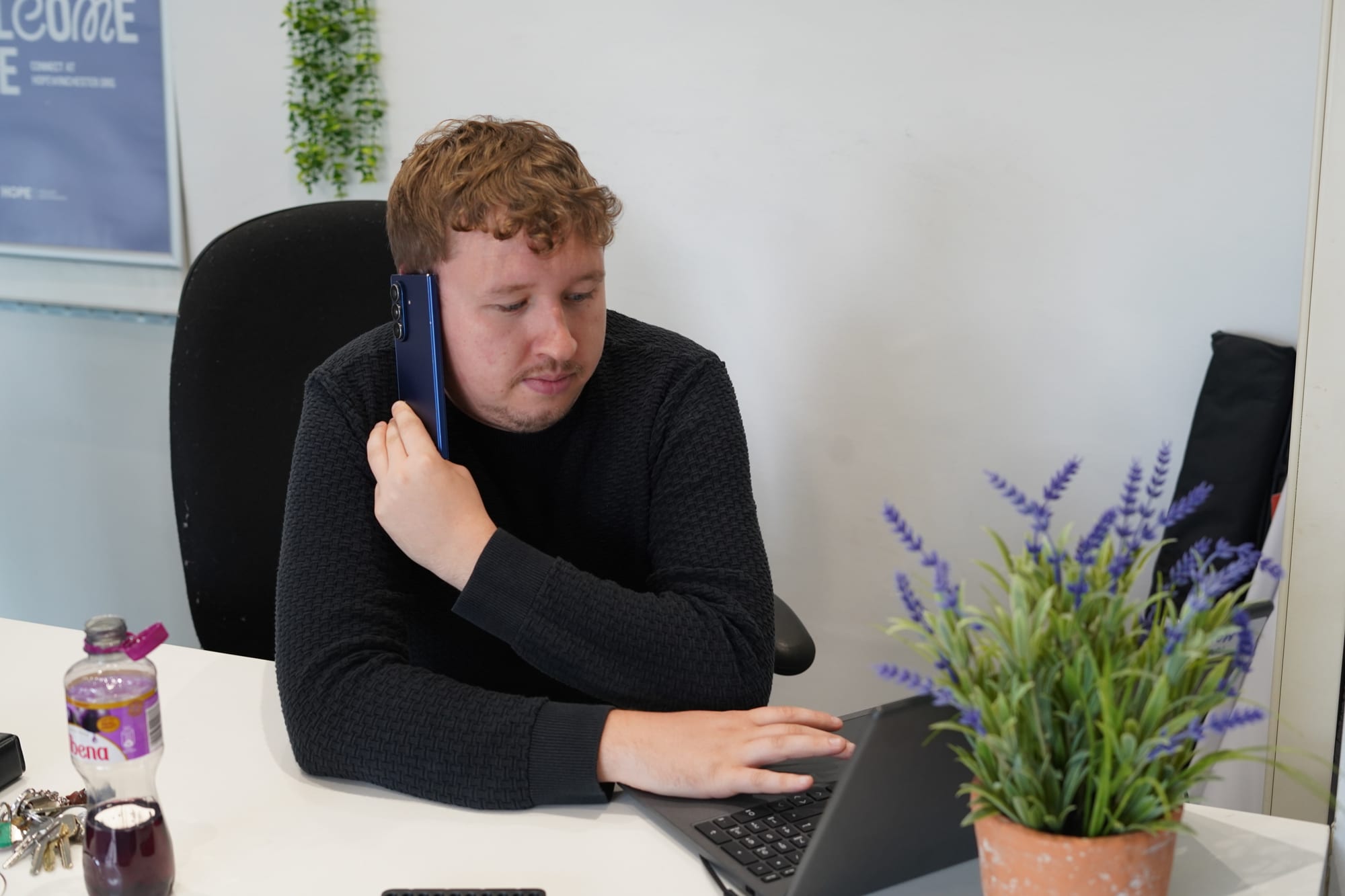 Answering calls at the office